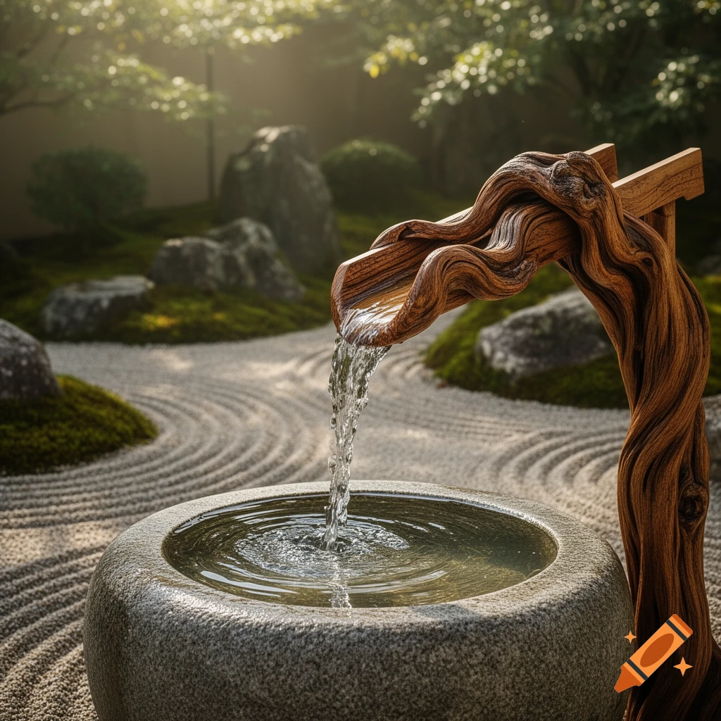 A twisted wooden water spout pours water into a stone basin within a serene raked sand Japanese garden, illuminated by soft sunlight.