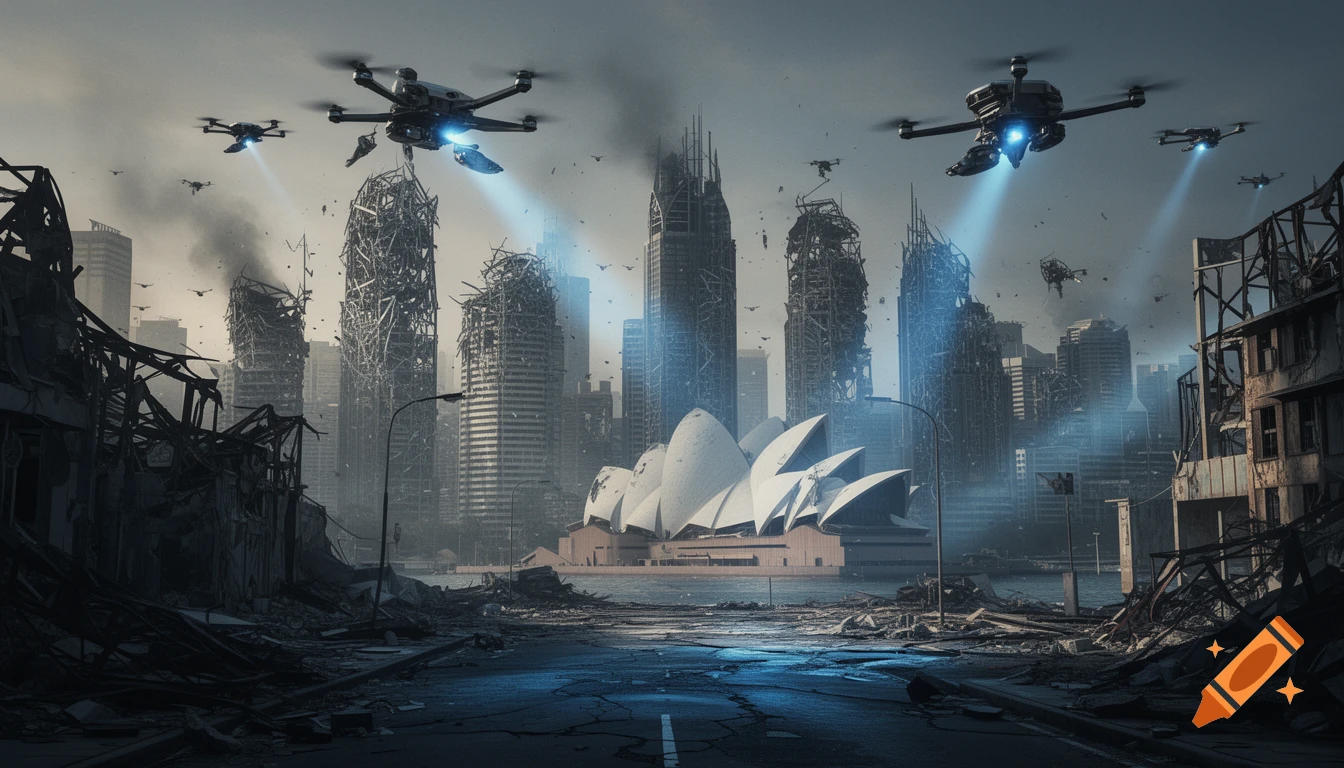 Dystopian Sydney cityscape with large drones flying over destroyed buildings and the iconic Opera House, amidst rubble, photorealistic.