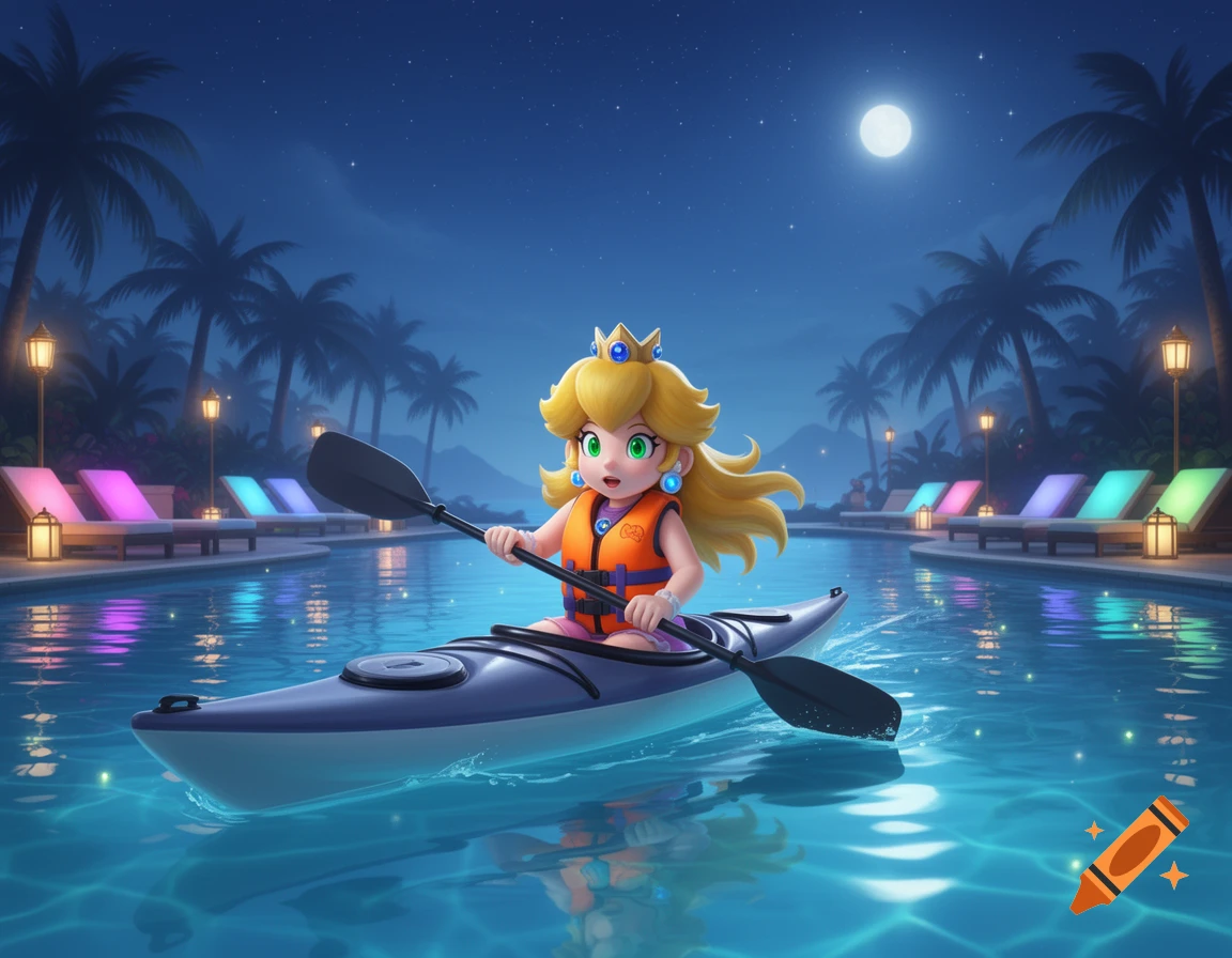 Princess Peach kayaks in a hotel pool at night, surrounded by palm trees and lounge chairs under a full moon.