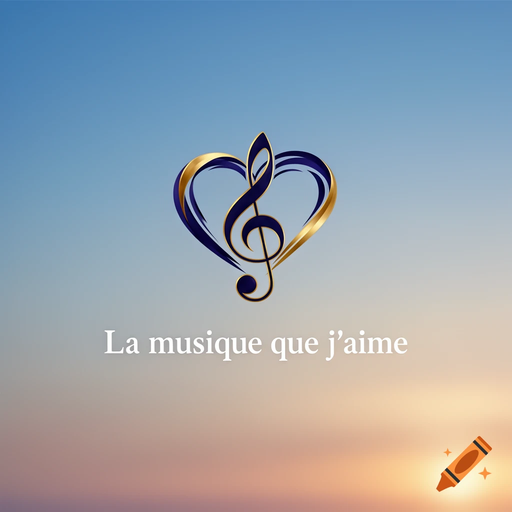 A logo featuring a golden and blue heart interwoven with a treble clef, above the French text "La musique que j'aime" on a blue and orange gradient background.