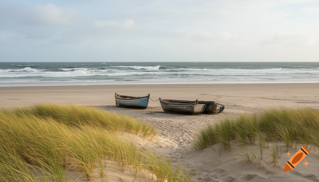 Two small boats on a wide sandy beach with grassy dunes in the foreground and a wavy sea under a cloudy sky.