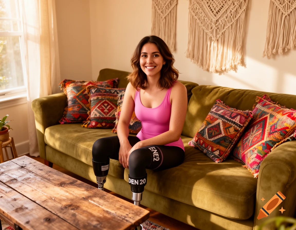 A smiling young woman with prosthetic legs sits on an olive green sofa in a sunlit boho living room.