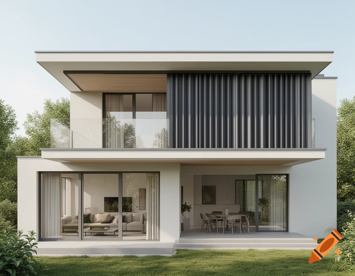 A photorealistic exterior view of a modern two-story white house with large glass doors, a balcony, and dark grey sun shades.