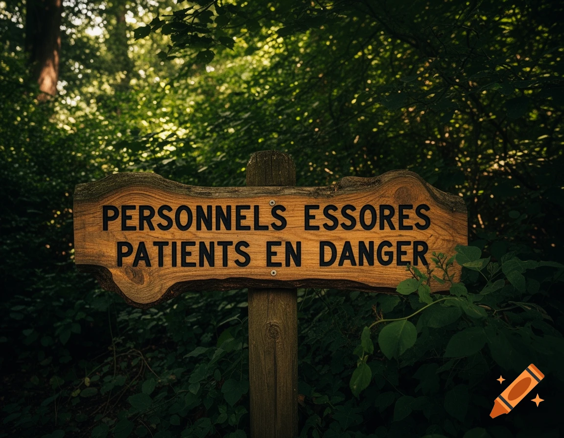 A rustic wooden sign with "PERSONNELS ESSORES PATIENTS EN DANGER" carved into it stands in a dark, lush forest.