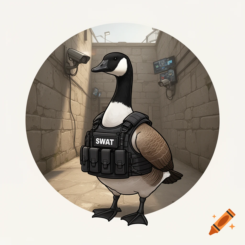 A cartoon Canadian goose wearing a SWAT vest stands in a stone alleyway with security cameras, depicted as a profile picture.
