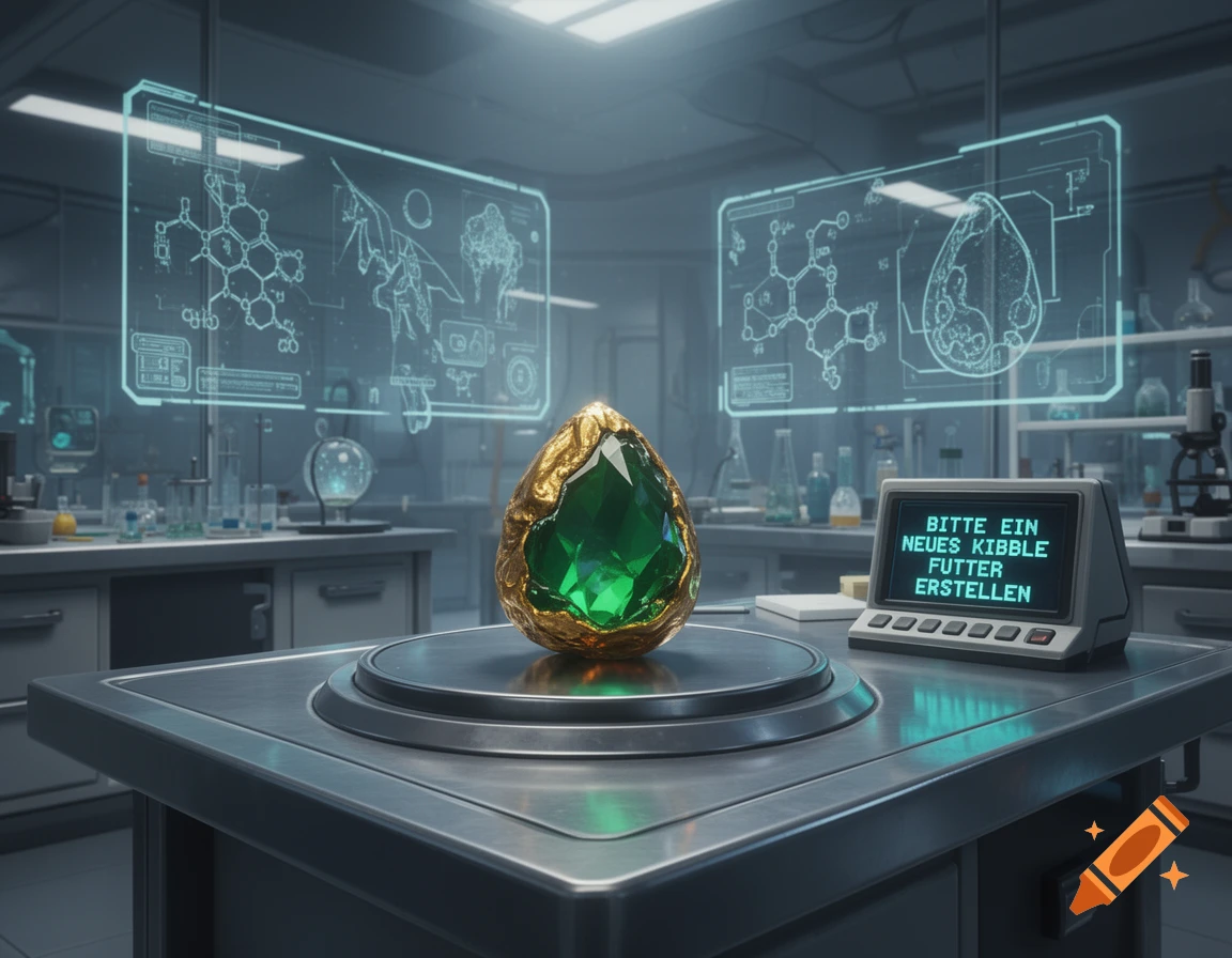 A glowing green and gold gem sits on a futuristic platform in a sci-fi laboratory with holographic displays and a monitor showing German text.