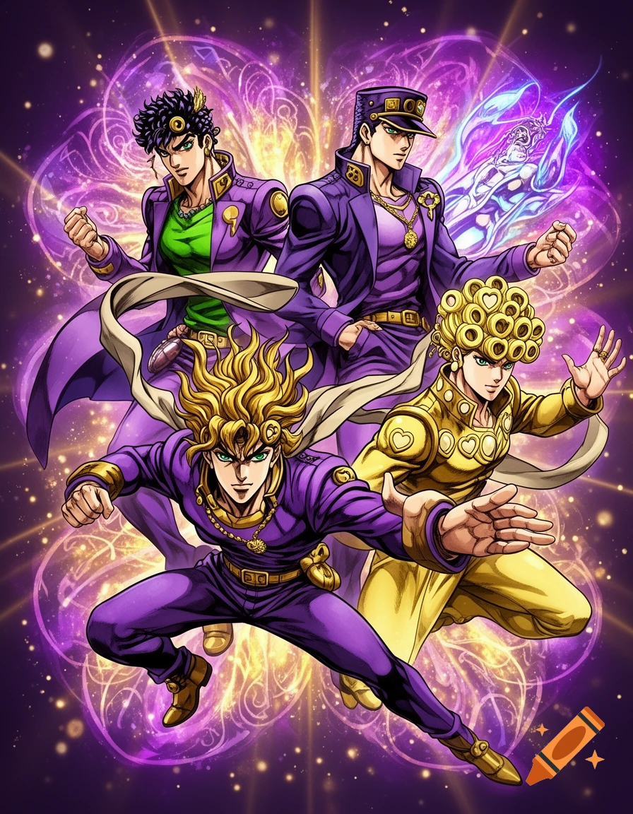Four muscular male anime characters in vibrant purple and gold outfits, posing against a glowing purple fantasy background.