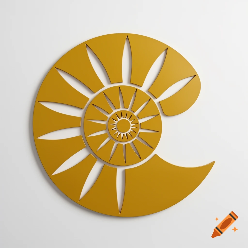 A minimalist golden-yellow nautilus shell symbol with a spiral design and radiating sunburst-like openings on a white background.