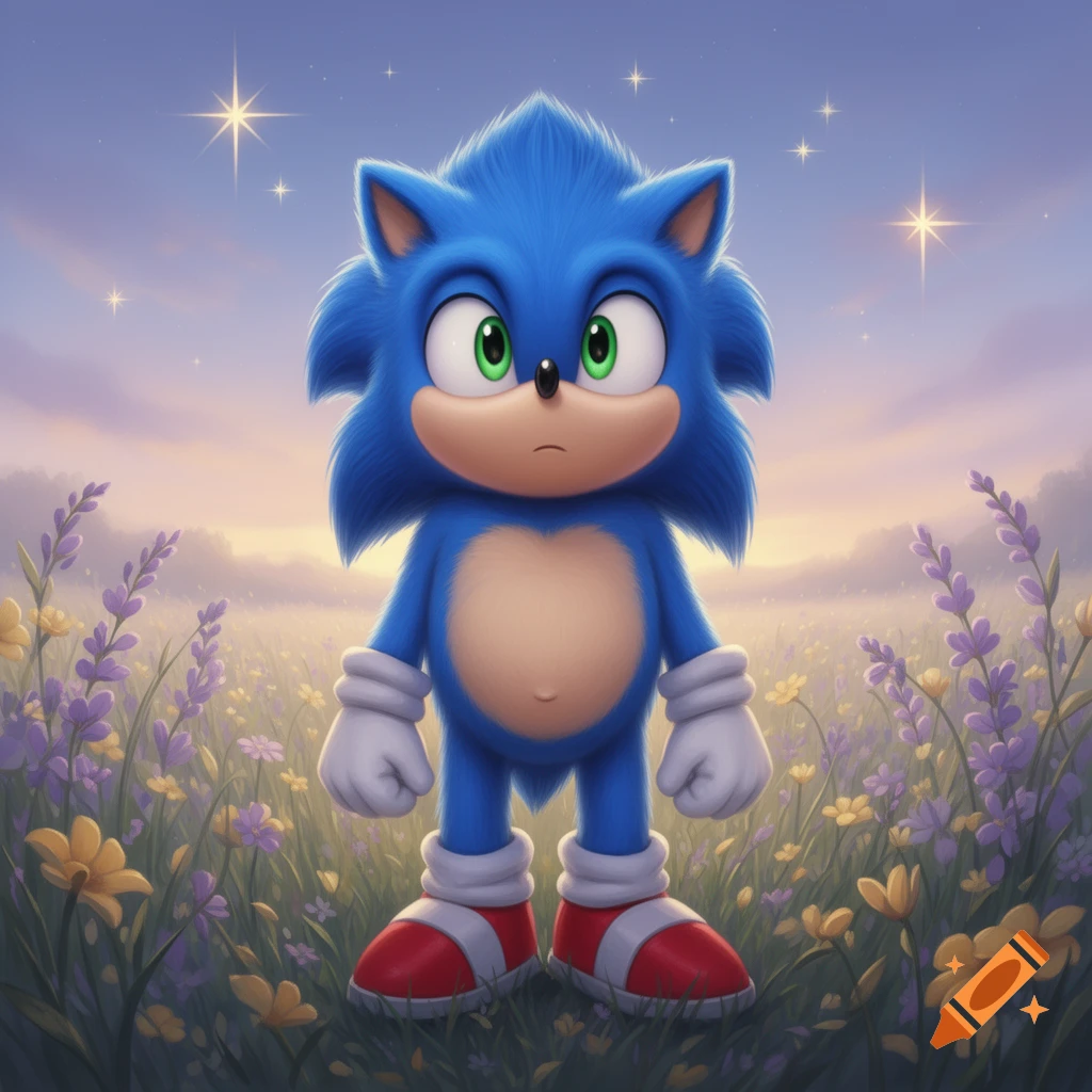 Sonic the Hedgehog stands in a vibrant field of purple and yellow flowers under a twilight sky.