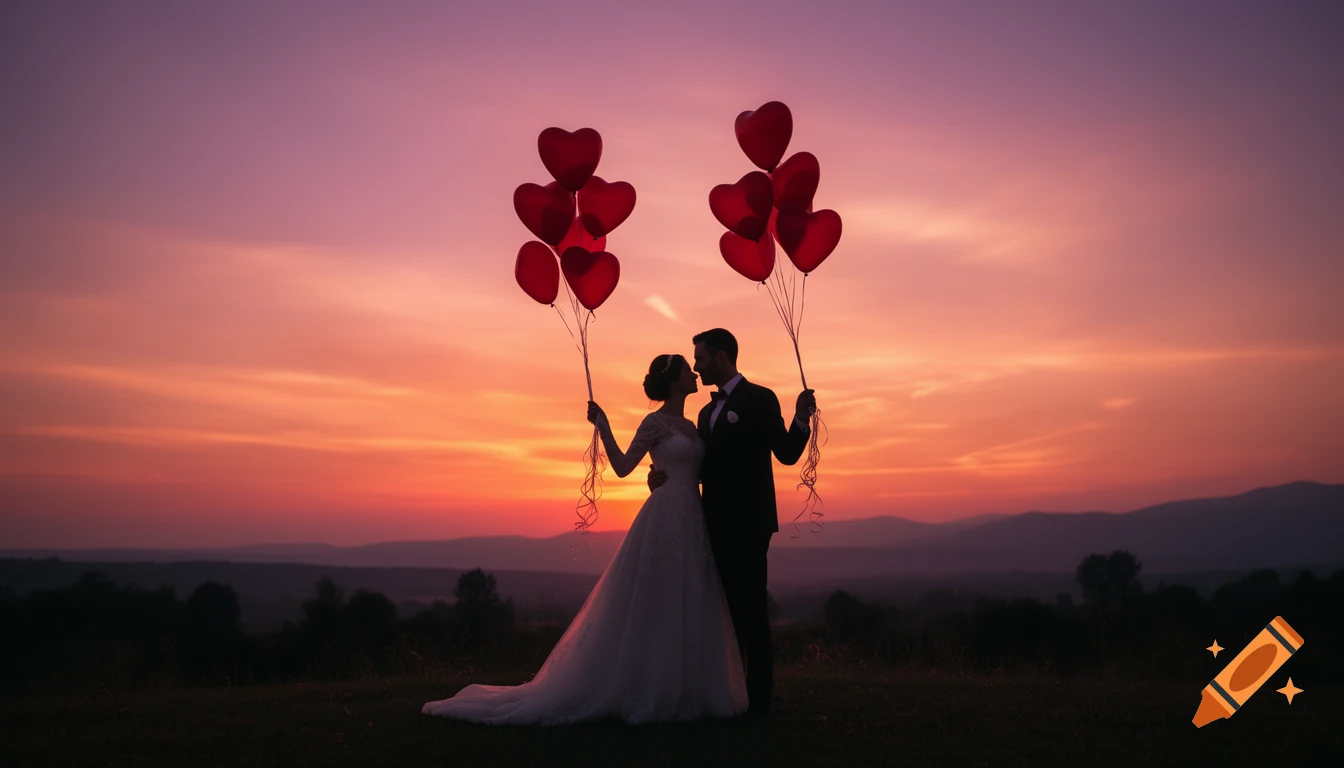 Silhouette of a bridal couple holding red heart balloons against a vibrant sunset sky.