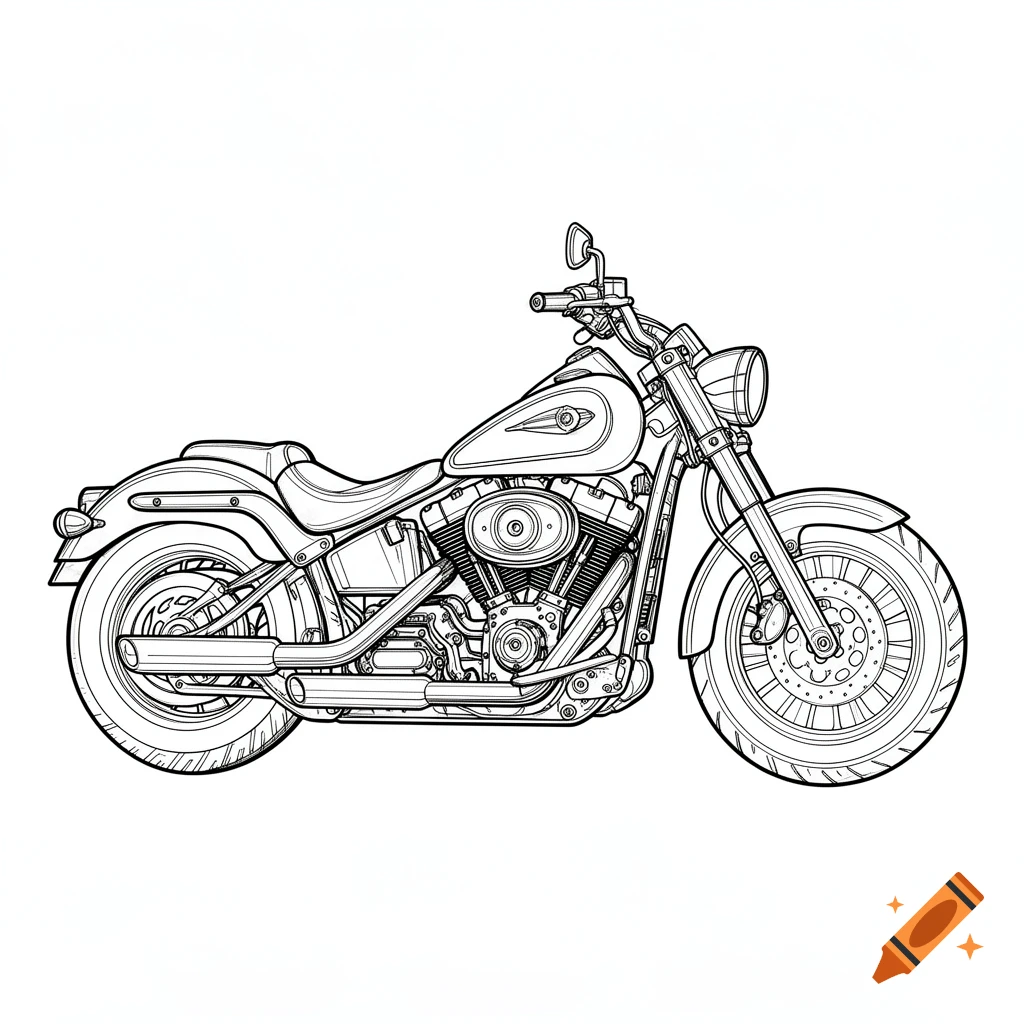 A black and white line art drawing of a classic cruiser motorcycle in a coloring book style.