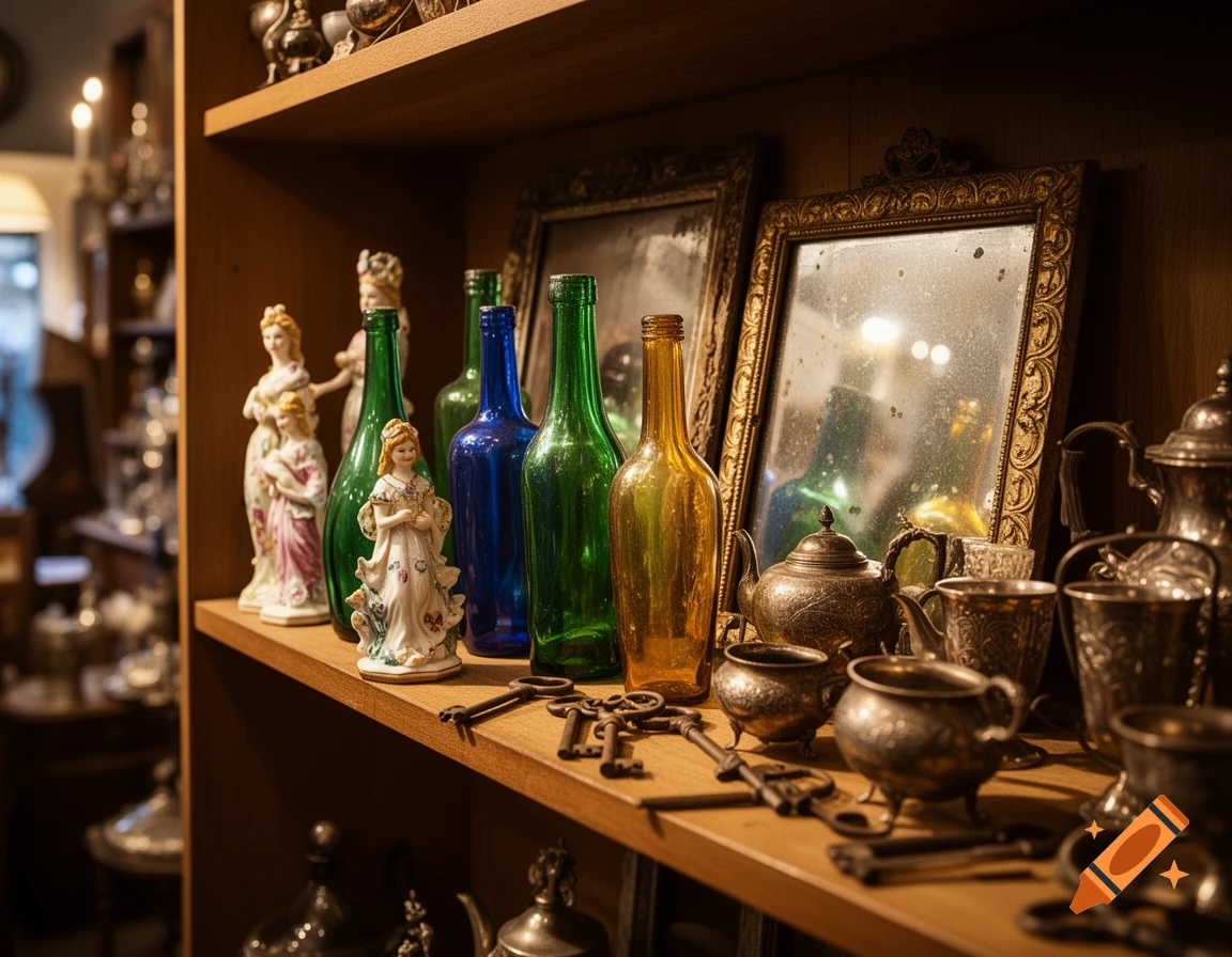 A wooden shelf filled with vintage items including colorful glass bottles, porcelain figurines, ornate silver teapots, old keys, and framed mirrors.