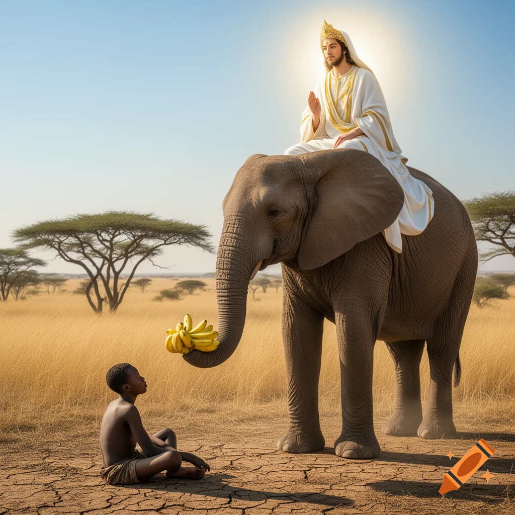 A man in white robes and a crown sits on an elephant, which offers bananas to a child sitting on cracked earth in a savanna.
