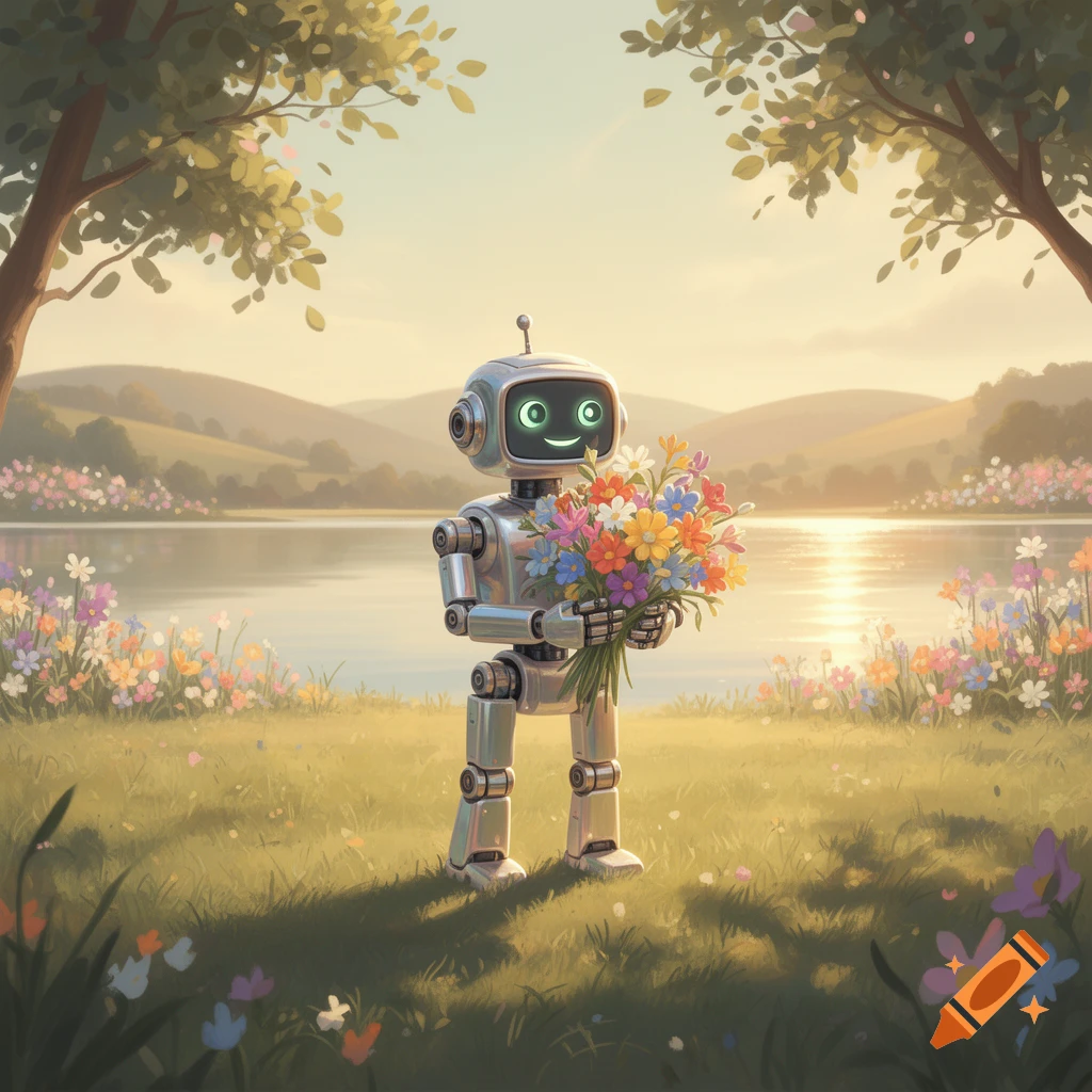 A friendly silver robot with a smiling face on its screen holds a vibrant bouquet of flowers in a sunny, grassy field by a lake.