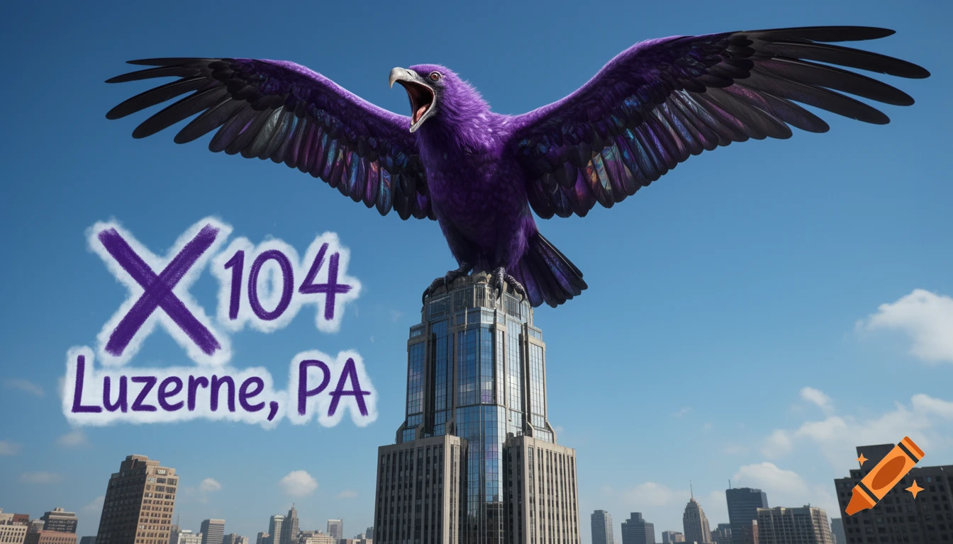 A giant purple condor with outstretched wings lands on a skyscraper, crying out. Skywriting 'X 104 Luzerne, PA' above a city.