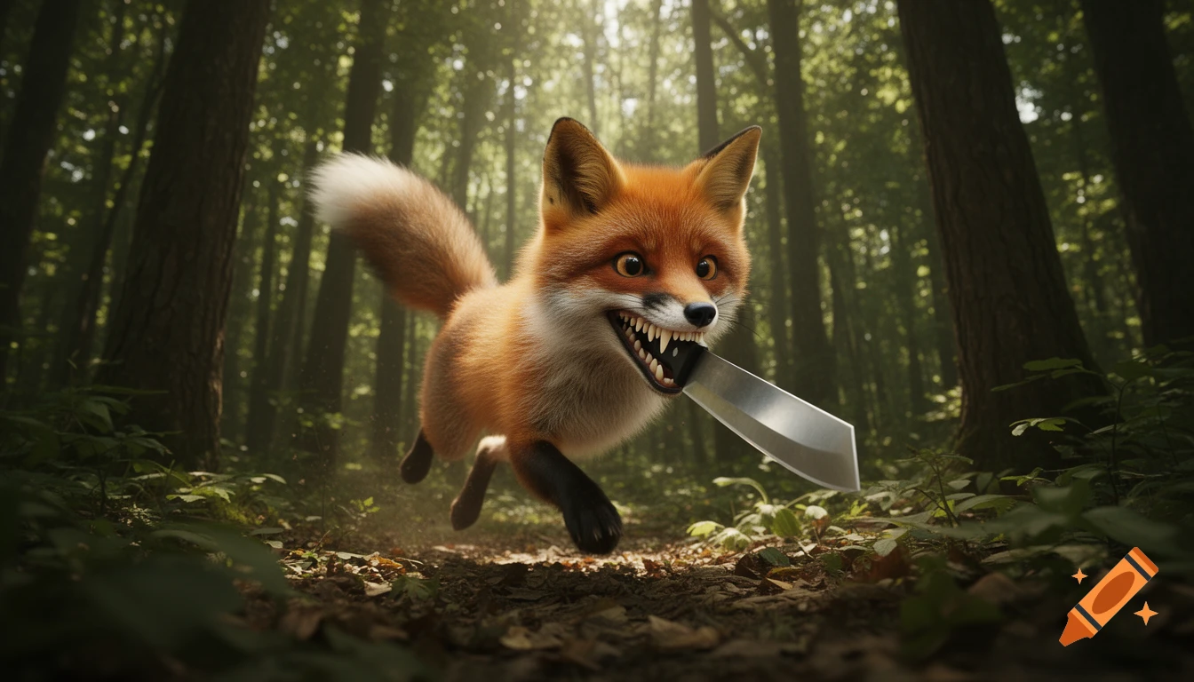 A cartoonish fox with big teeth, holding a machete in its mouth, runs through a sunlit forest.