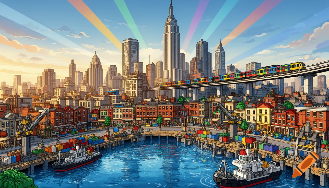 Comic style Lego city with a busy harbor, boats, and a colorful elevated train, under a sky with rainbow light rays.