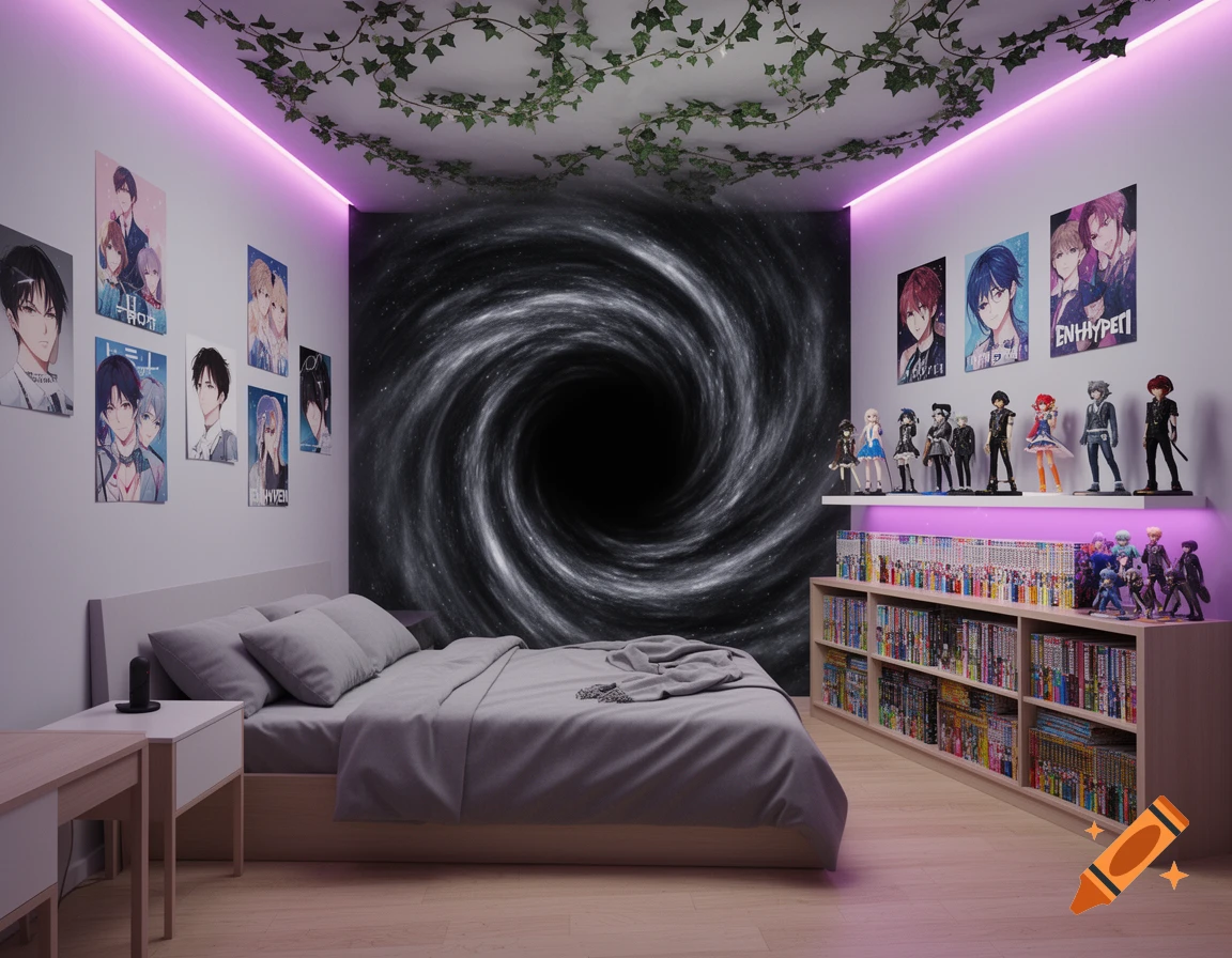 A photorealistic bedroom featuring a black hole wall mural, anime posters, Kpop figurines, manga shelves, and purple LED lighting.