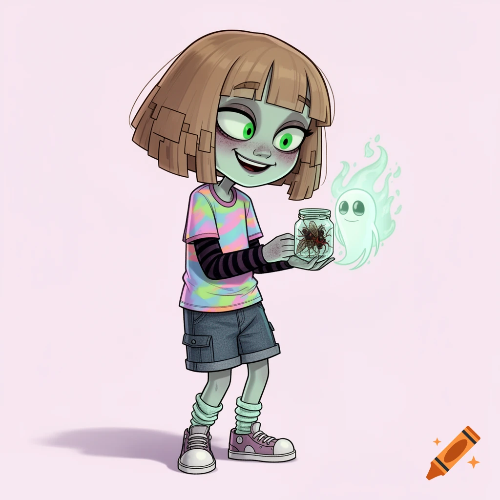 Cartoon girl with green skin and brown bob hair, wearing a tie-dye shirt and denim shorts, holding a jar of bugs next to a blue ghost.