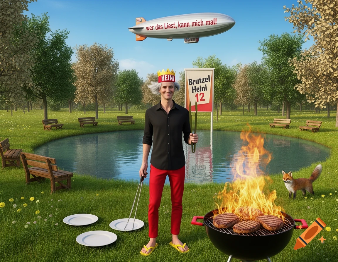 A man wearing a crown and flip-flops grills burgers in a park with a pond, benches, and trees. A zeppelin flies overhead, and a fox stands nearby. The image has a 3D rendered style.