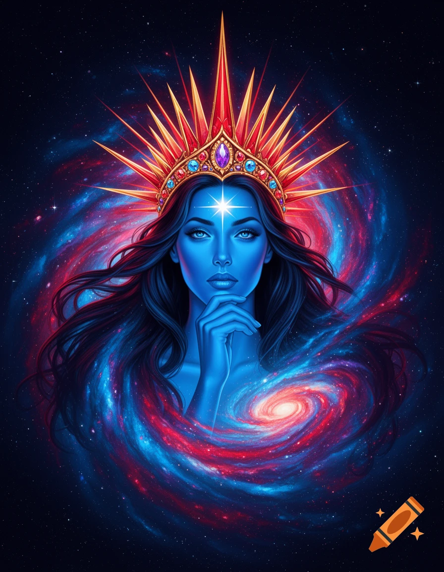 A vibrant digital art portrait of a cosmic goddess with glowing blue skin, a spiked crown, and a white starburst on her forehead, set against a swirling galaxy.