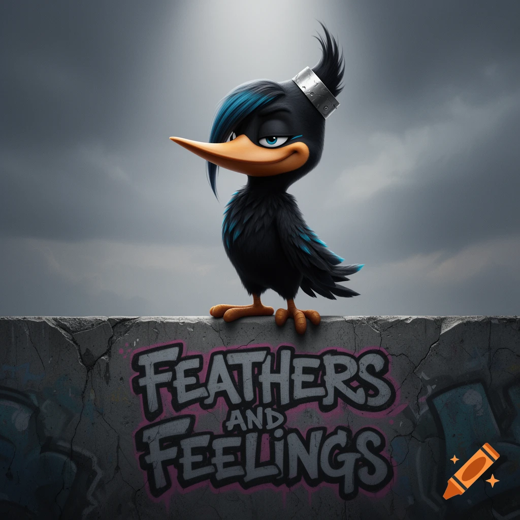 A stylized black duck with blue emo hair and a metal headband stands on a concrete wall with "FEATHERS AND FEELINGS" graffiti under a stormy sky.