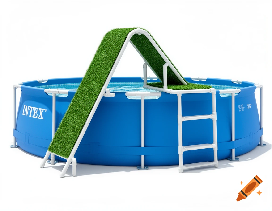 A blue Intex frame pool with a green artificial turf dog ramp system built from white PVC pipes, against a white background.