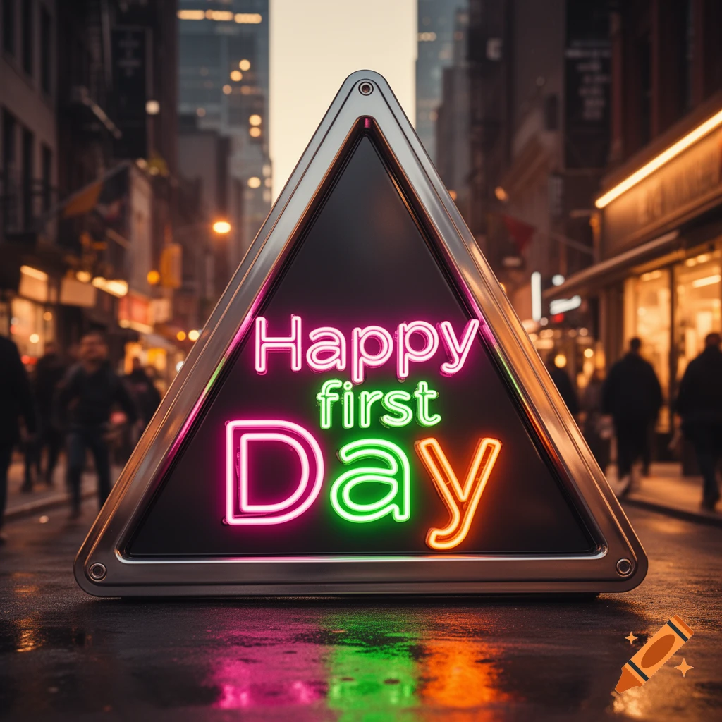 Photorealistic image of a triangular neon sign displaying 'Happy first Day' on a wet city street at night, with reflections.