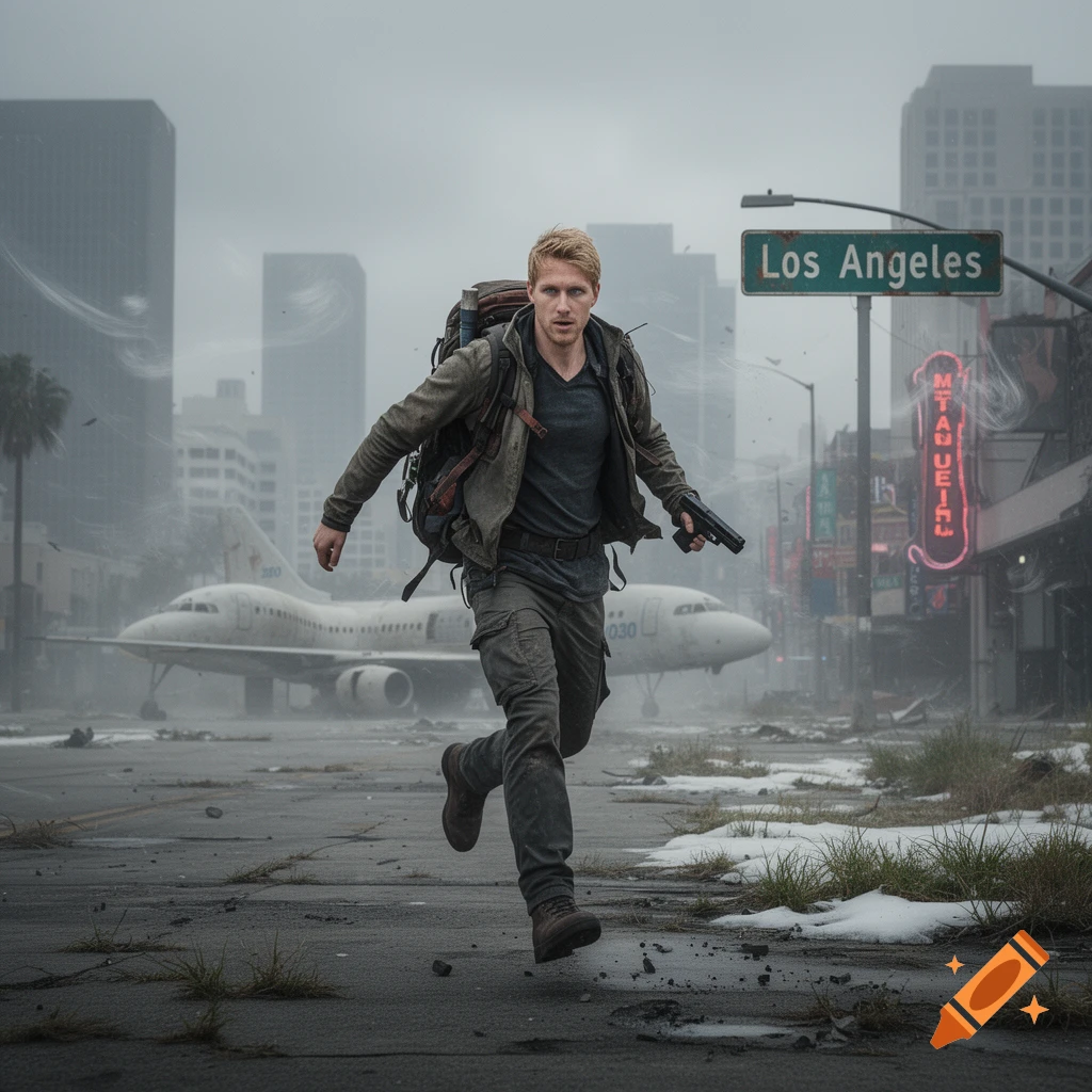 A man with a backpack and gun runs down a desolate, snow-dusted Los Angeles street with an abandoned airplane in the background.