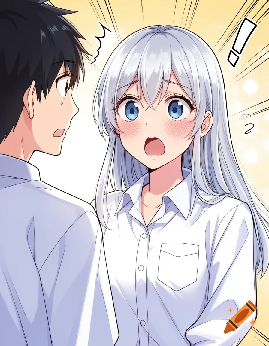 Webtoon illustration of a surprised male student looking at a surprised silver-haired girl with blue eyes and blushing cheeks, wearing a school shirt.