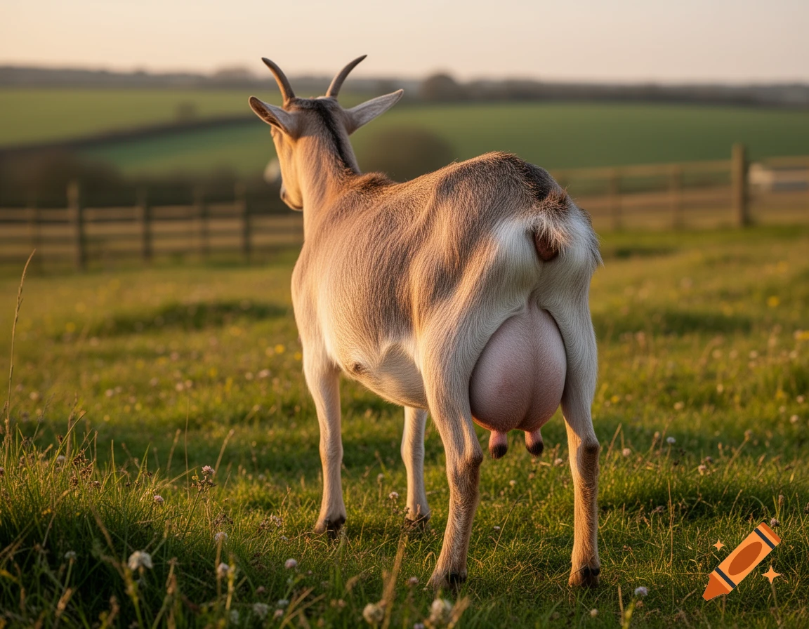 A goat with a large udder stands in a sunlit green field, viewed from behind. Photorealistic.
