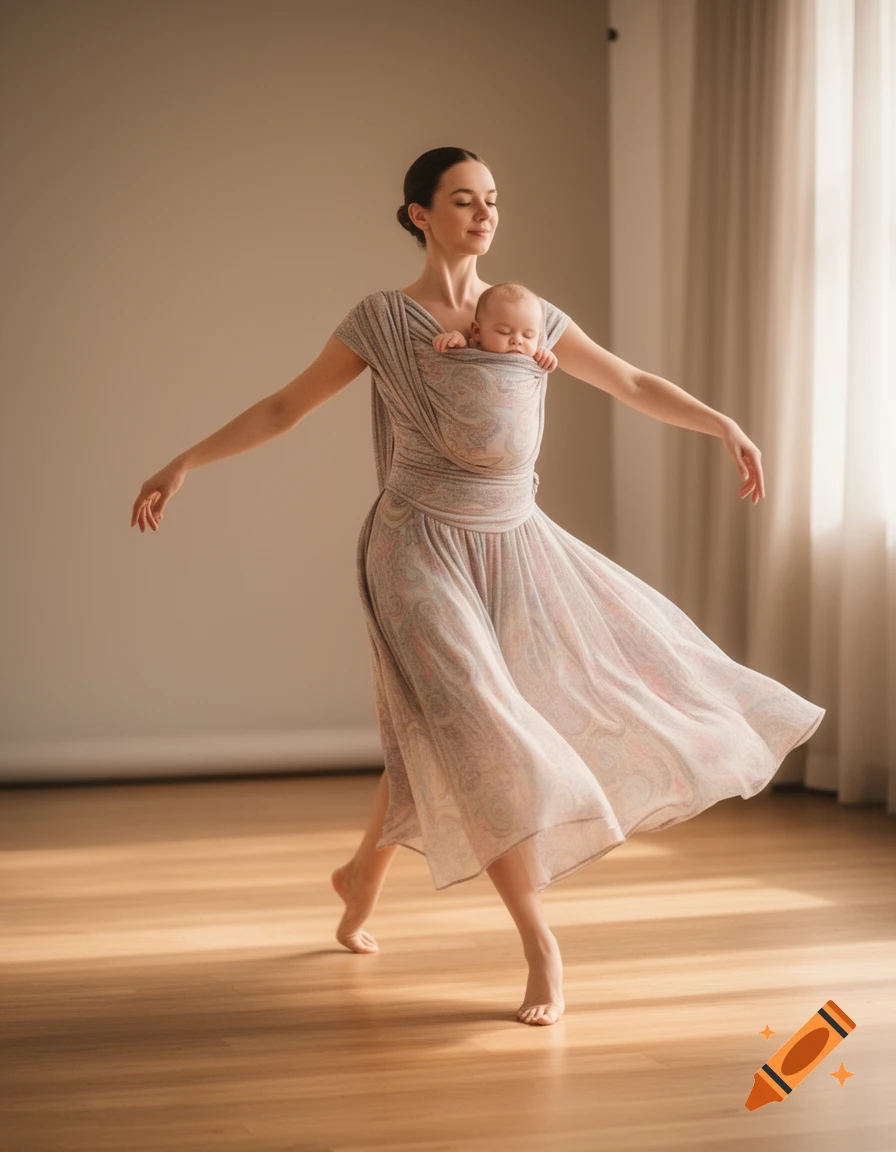 A graceful woman in a flowing dress dances barefoot, holding a sleeping baby in a patterned sling across her chest in a brightly lit room.