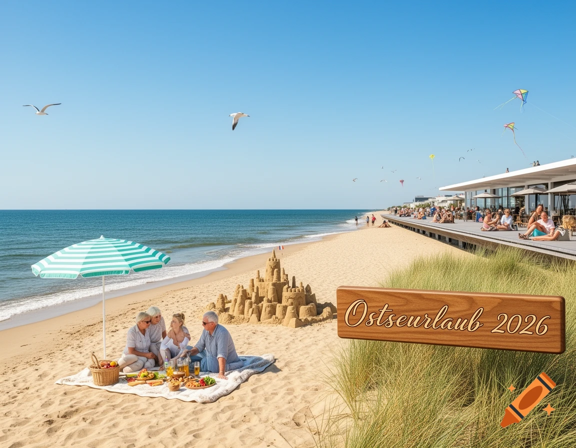 A family picnics on a sunny beach next to a sandcastle and a sign reading "Ostseeurlaub 2026", with a promenade and kites in the background.