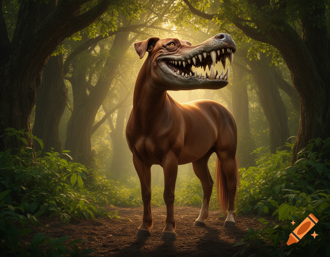 A photorealistic hybrid creature with a horse body and a dog's head with crocodile teeth stands in a mystical, misty forest.
