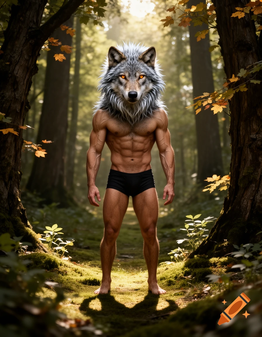 Muscular man with a wolf head and glowing orange eyes, wearing black briefs, stands barefoot in a sunlit forest.
