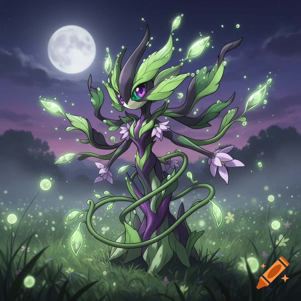 A glowing, green and purple plant-like creature with purple eyes stands in a field of luminous flowers under a full moon at night.