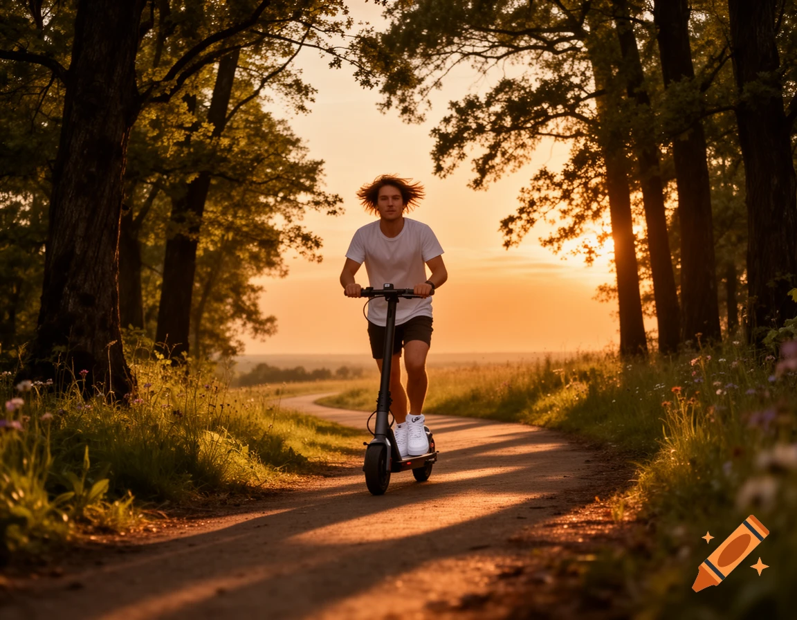 A boy rides an e-scooter on a winding dirt path through a sun-drenched forest at sunset.