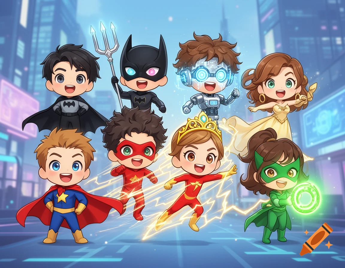 Seven cute chibi superheroes, including a boy with a red cape, a masked boy, a tech boy, and girls with a tiara and green mask, smile in a futuristic anime city.