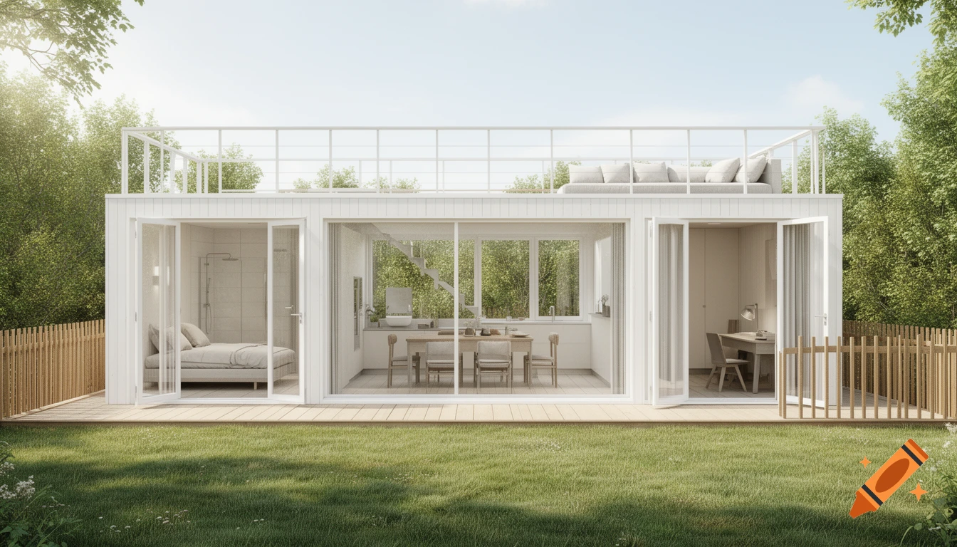 A modern white two-story house with large windows and a balcony, set in a green garden with a wooden fence.