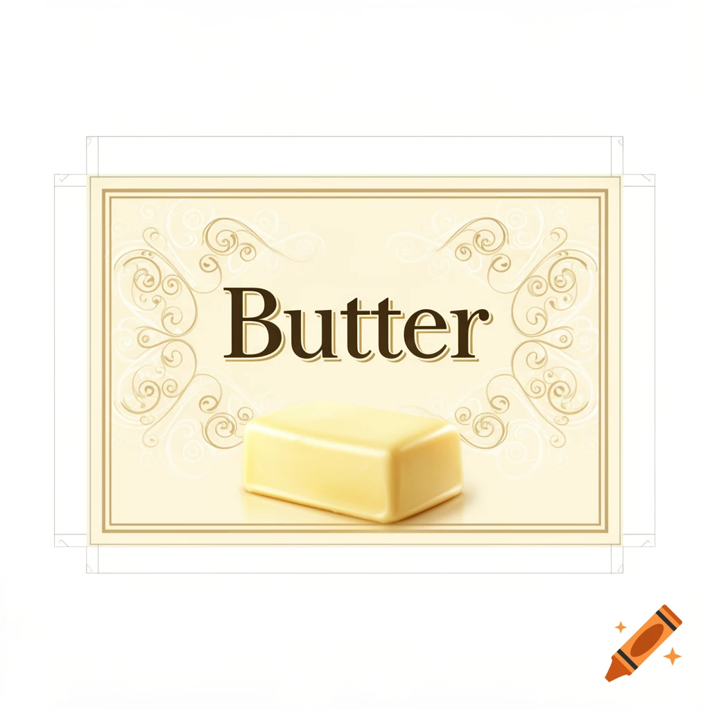 A light beige label with ornate borders, featuring the word 'Butter' in a dark serif font above a realistic illustration of a stick of butter.