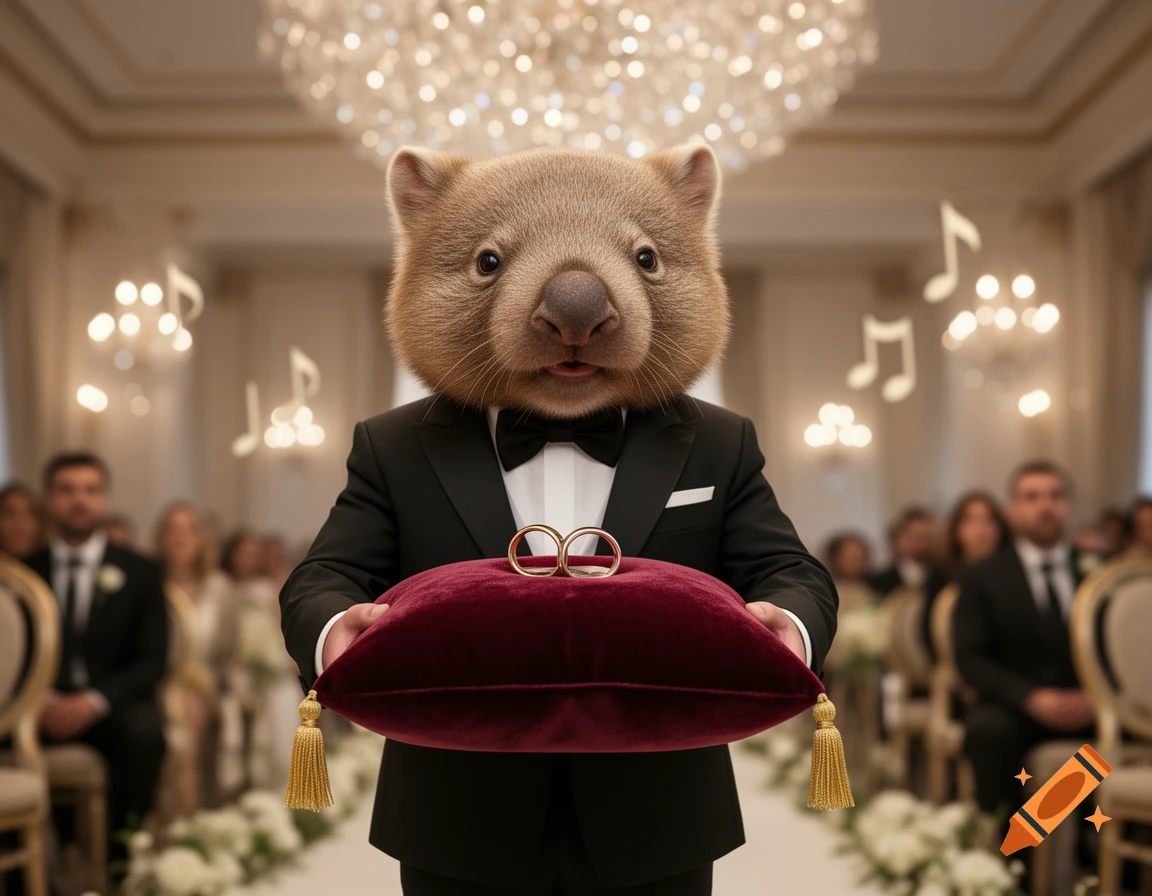 A photorealistic wombat in a tuxedo holds wedding rings on a red velvet pillow at an elegant wedding ceremony.