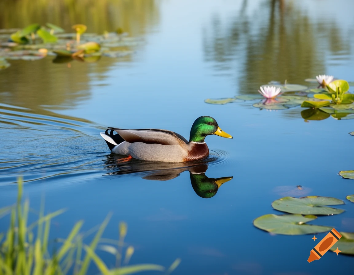 A vibrant mallard duck swims gracefully across a calm pond amidst green lily pads and white water lilies.