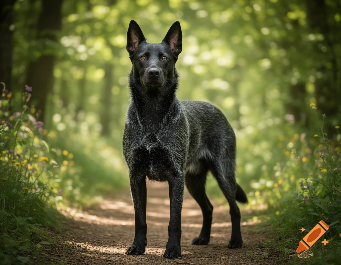 A photorealistic black and gray dog stands on a dirt path in a lush green forest with wildflowers.