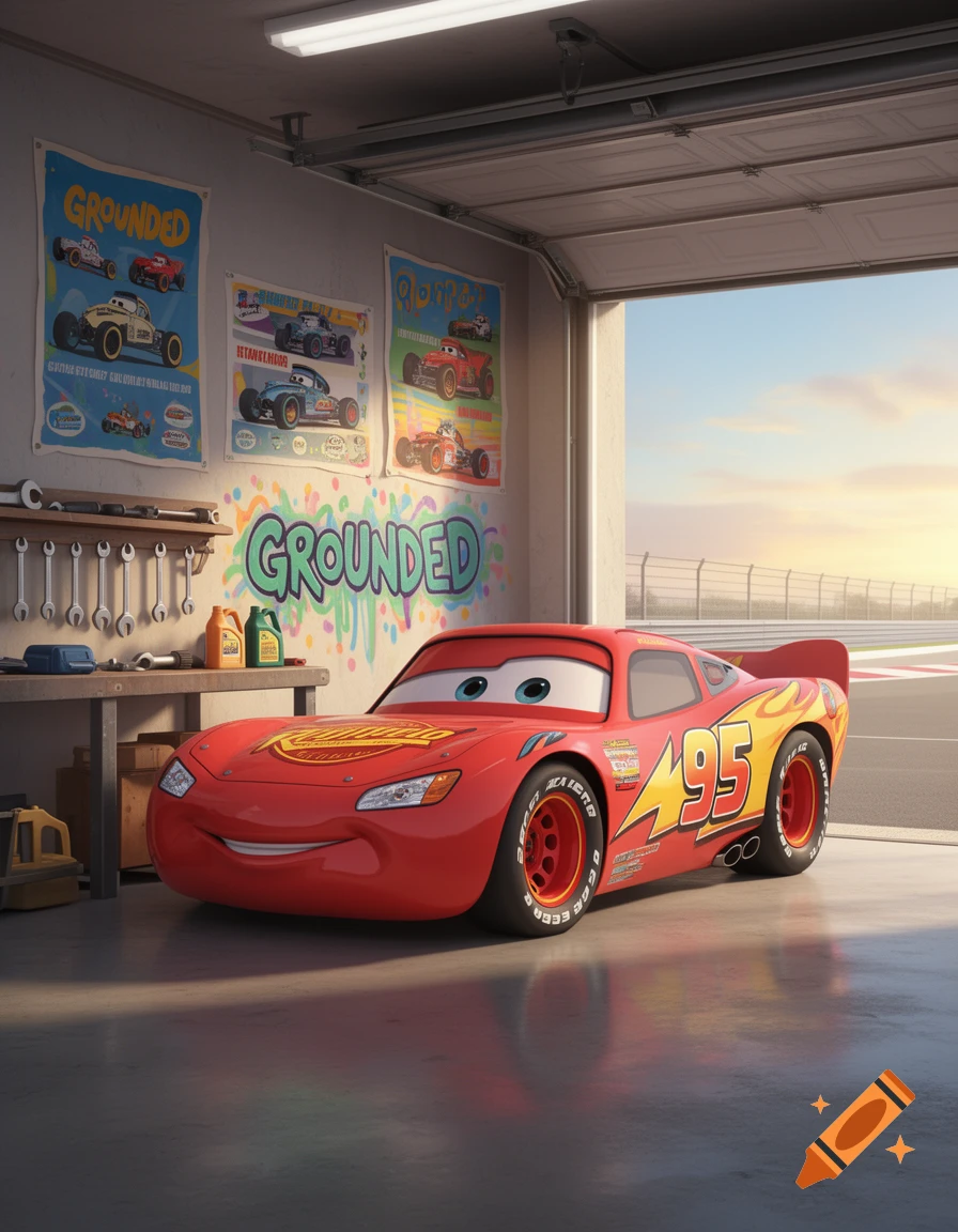 Lightning McQueen in a garage, next to a workbench with tools, with posters on the wall and "GROUNDED" written in graffiti.