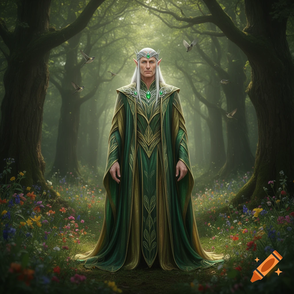 A stately male elf with long white hair and pointy ears, wearing ornate green and gold robes, stands in a magical forest clearing with wildflowers and birds.