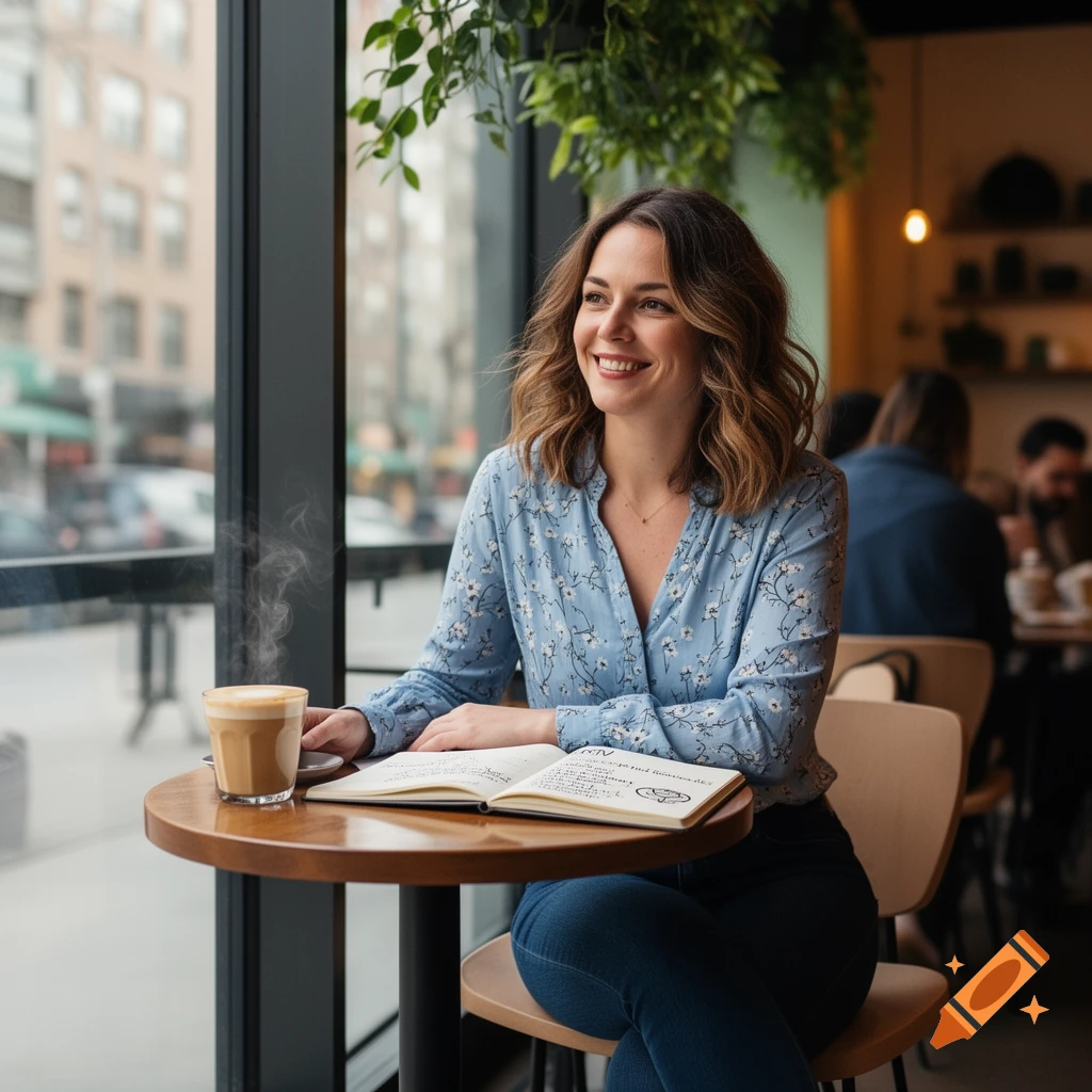 A smiling woman in a blue floral shirt sits at a coffee shop table with a latte and an open notebook, looking out the window.