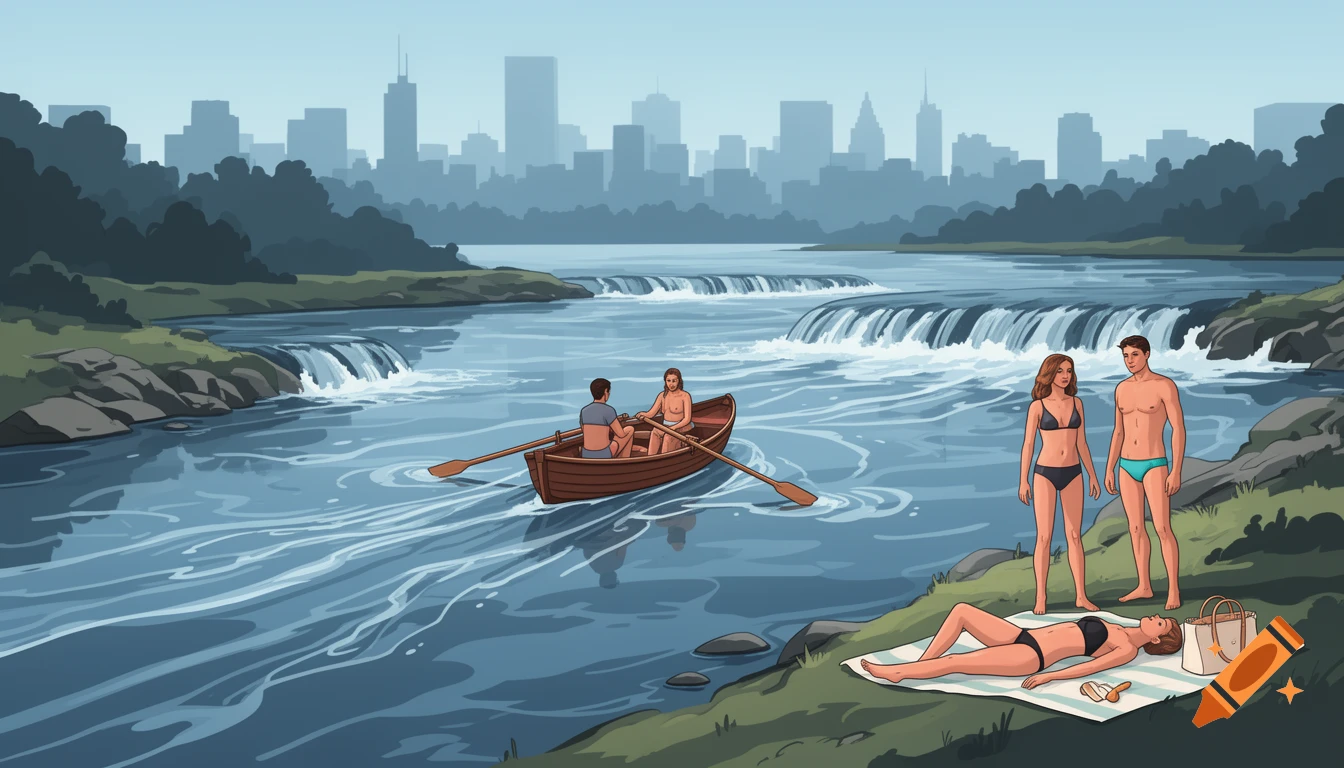 Illustration of a river with rapids, a rowboat with two people, and three people in swimwear on the grassy bank with a city skyline.