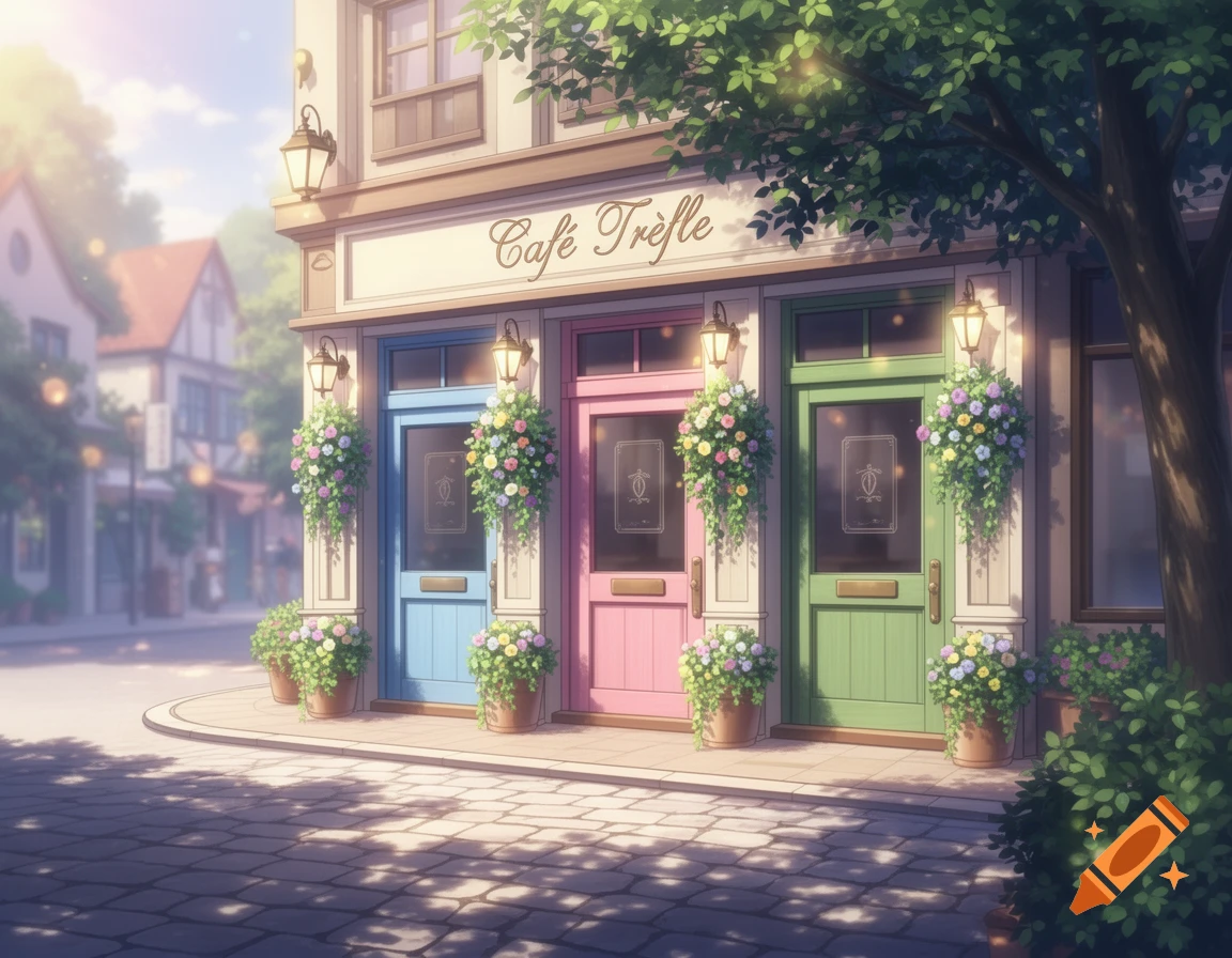Anime illustration of a charming cafe with blue, pink, and green doors, each adorned with hanging flower baskets, on a cobblestone street.