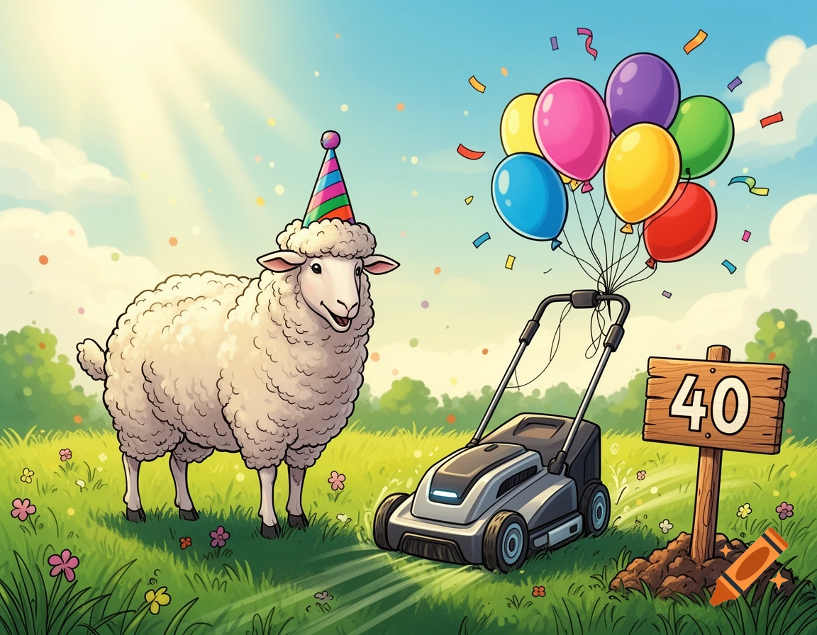 A cheerful cartoon sheep in a party hat stands in a sunny green field next to a lawnmower with balloons and a '40' sign.
