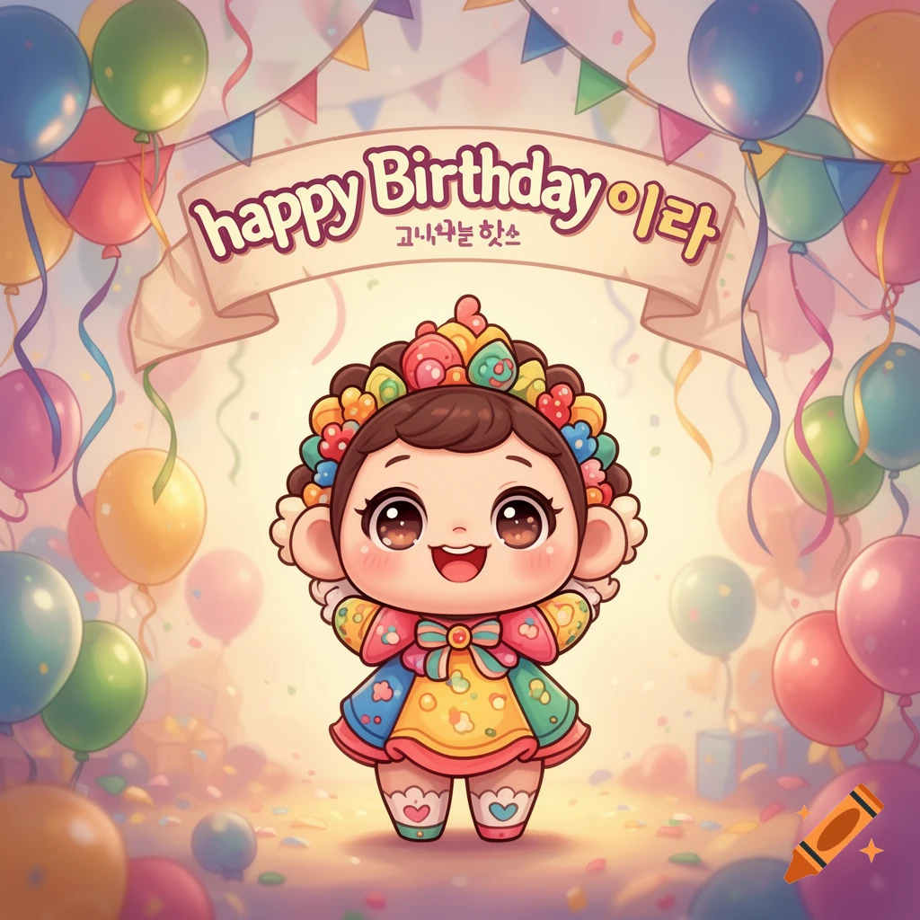 A cute, smiling chibi-style character with a colorful headdress stands beneath a banner that reads 'Happy Birthday' and is surrounded by balloons and confetti.